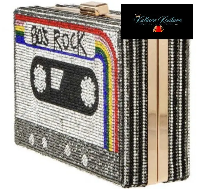 80's Rock Mixed Tape Rhinestone Cassette Clutches with Removable Straps