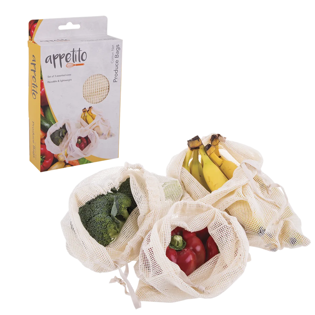 Appetito Cotton Net Produce Bags - Set of 3 - Assorted Sizes