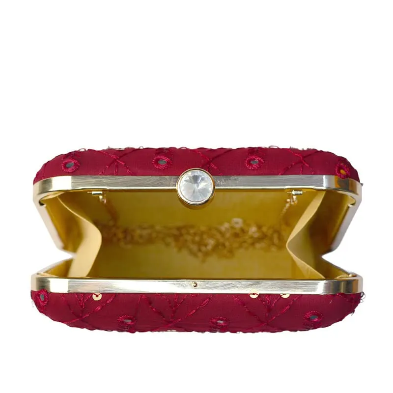 Artklim Maroon Color Embroidered Box Shaped Clutch