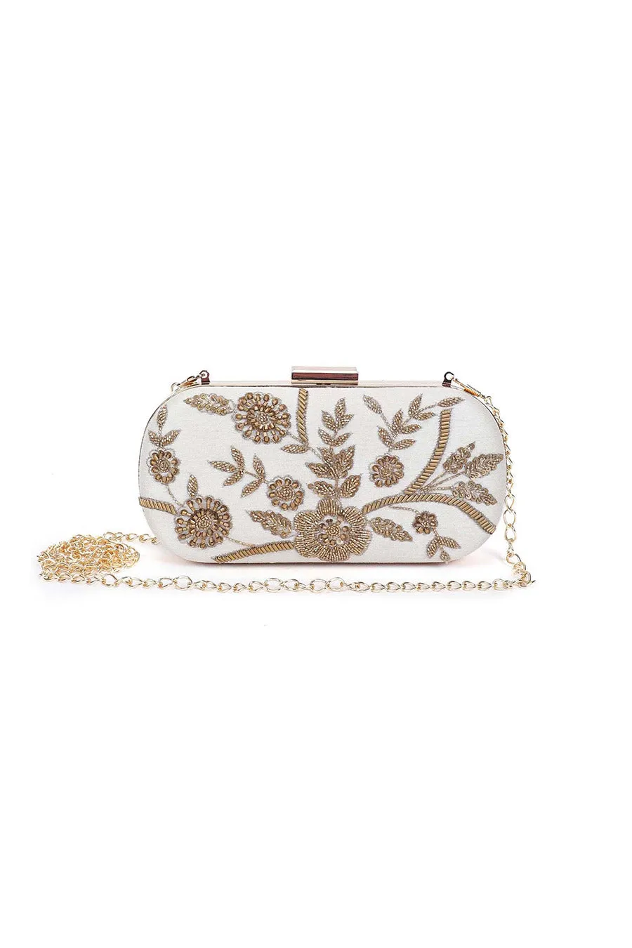 Beige Dazzling Hand-Embroidered Box Clutch