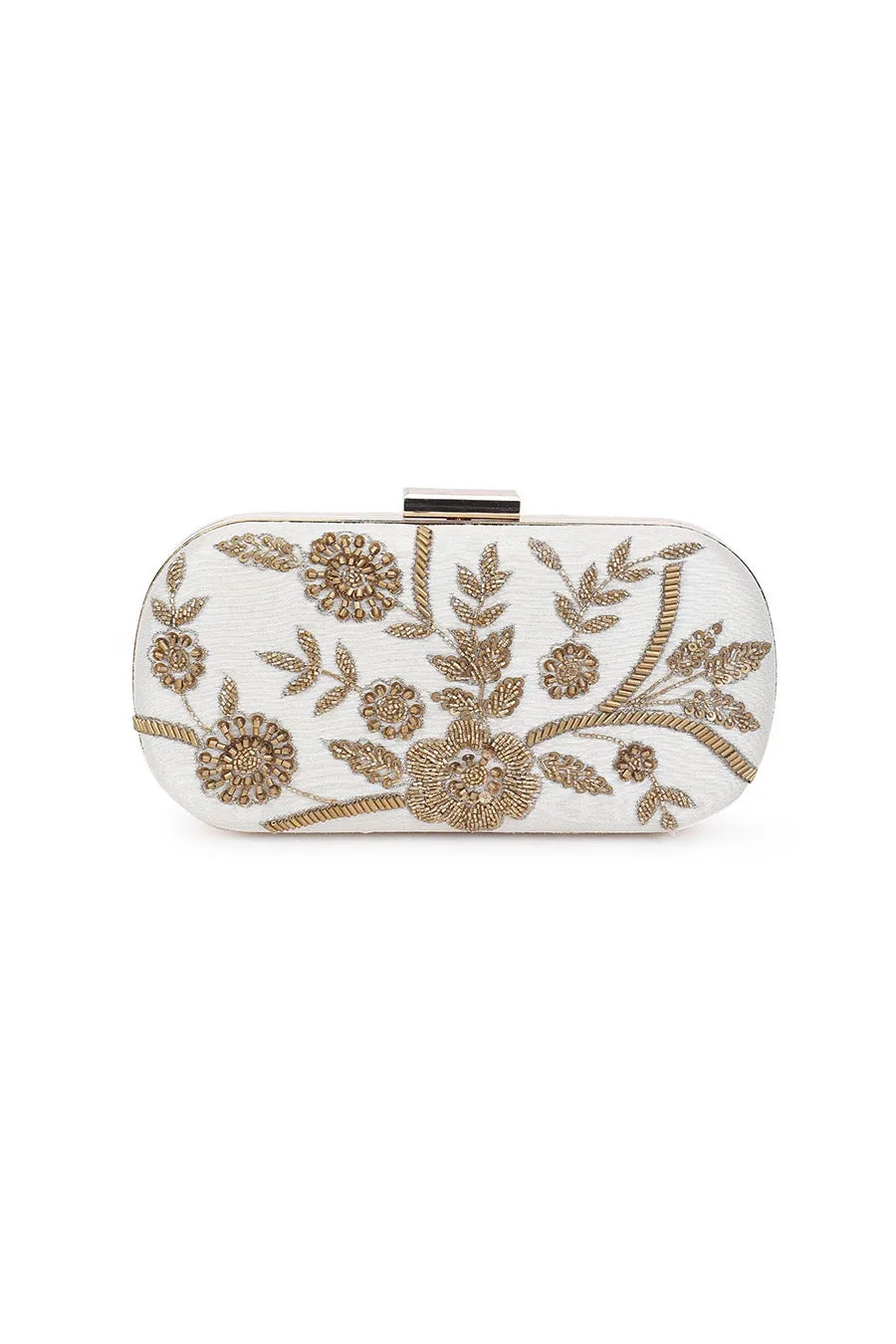 Beige Dazzling Hand-Embroidered Box Clutch