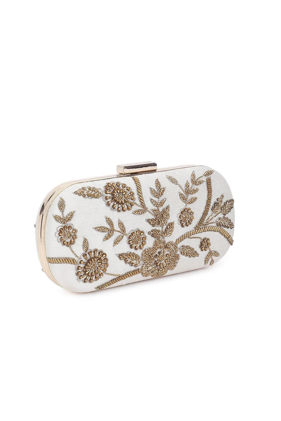 Beige Dazzling Hand-Embroidered Box Clutch