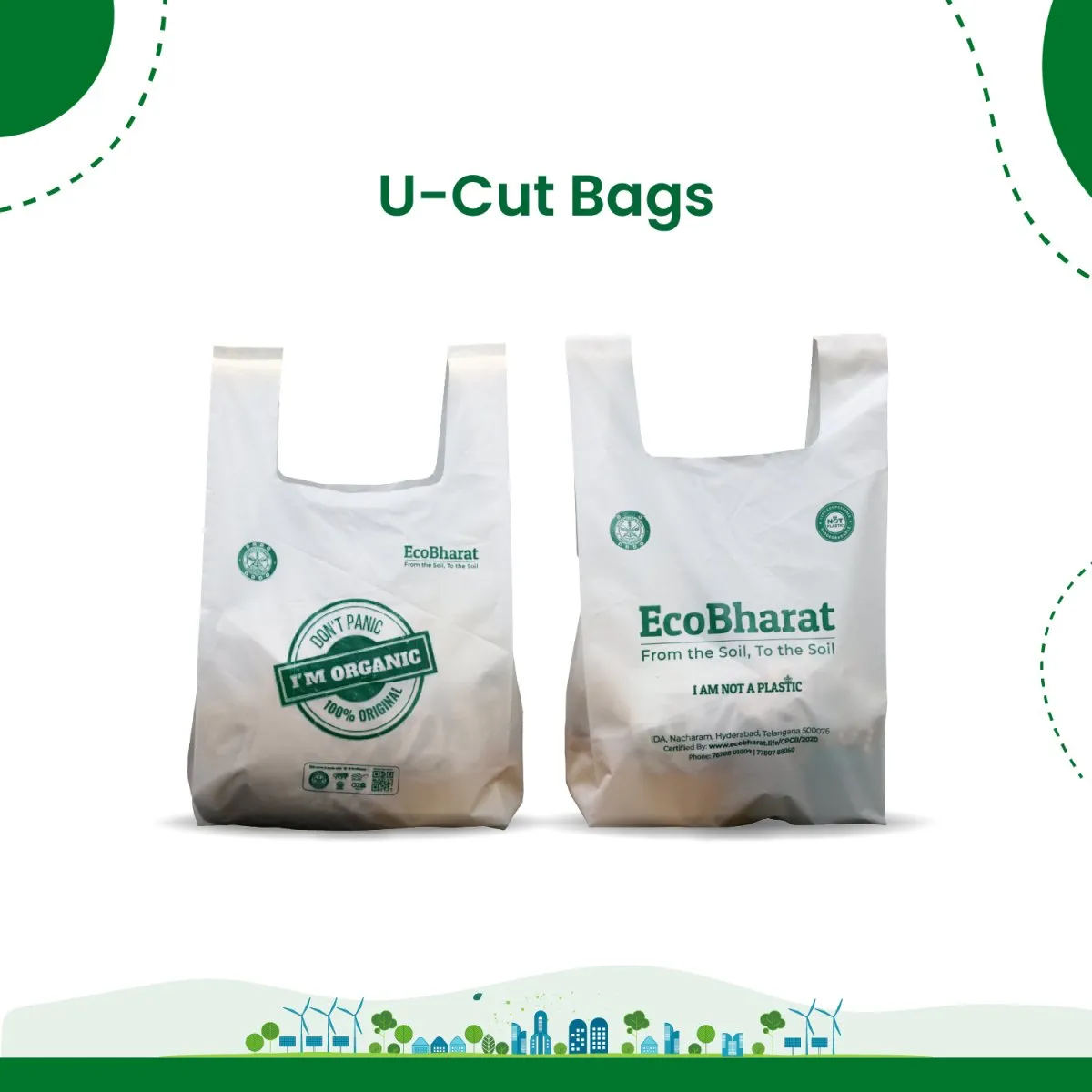 Biodegradable and Compostable U-cut Carry Bags| Grocery bags | Shopping bags | Multi purpose bags |