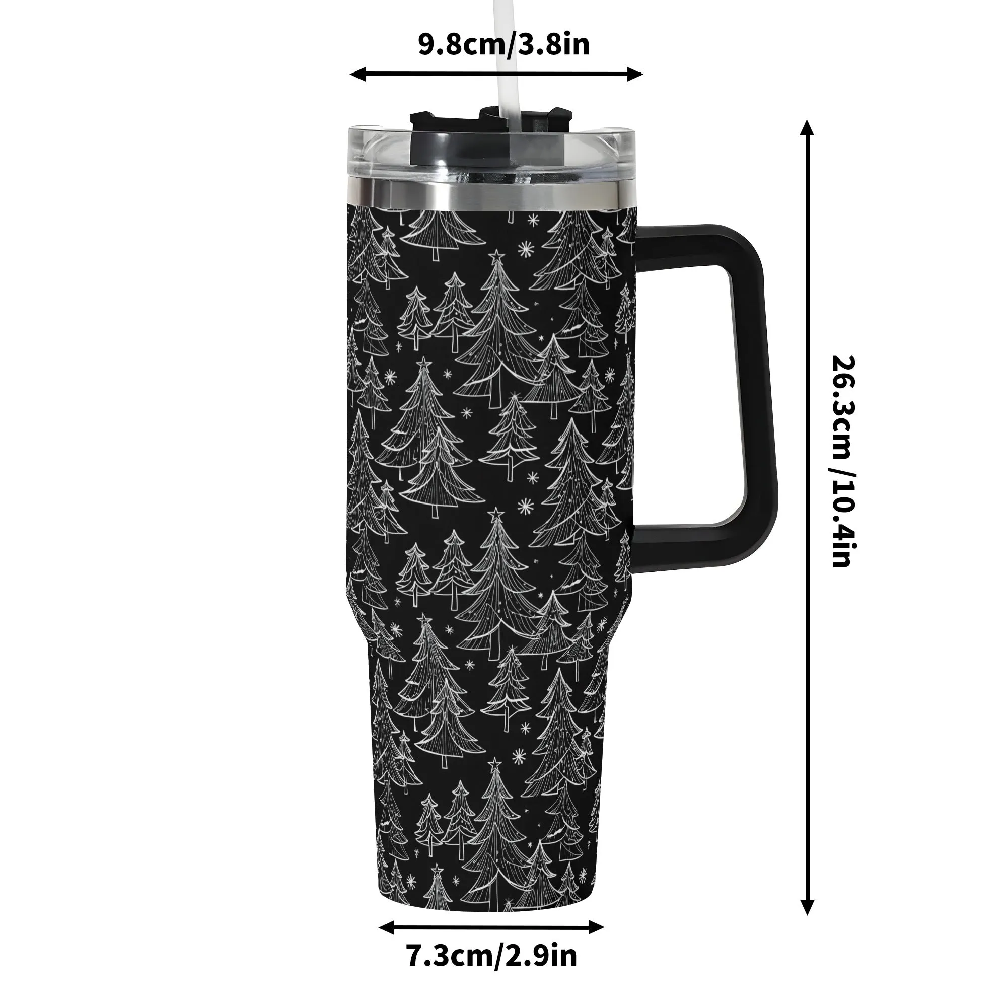 Black and White Christmas Tree 40oz Stainless Steel Tumbler Gift With Black Handle and Straw