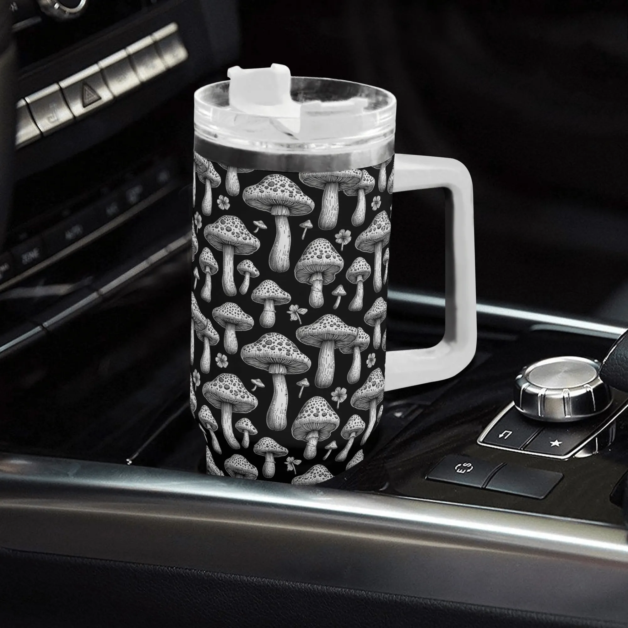 Black and White Mushrooms 40oz Stainless Steel Tumbler Gift With White Handle and Straw