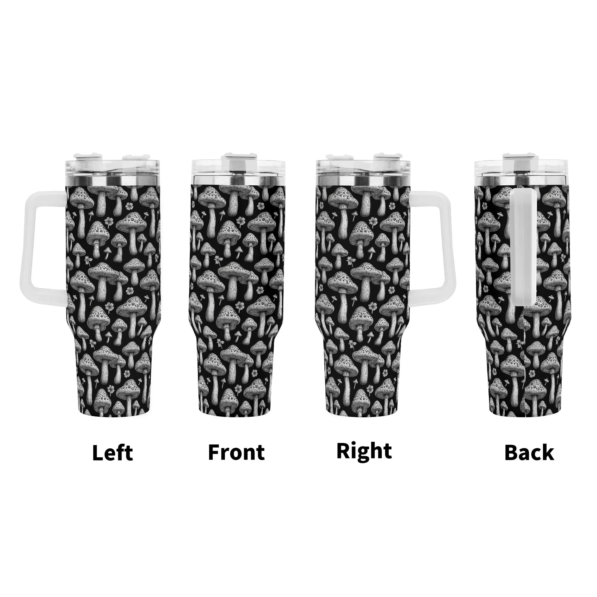 Black and White Mushrooms 40oz Stainless Steel Tumbler Gift With White Handle and Straw