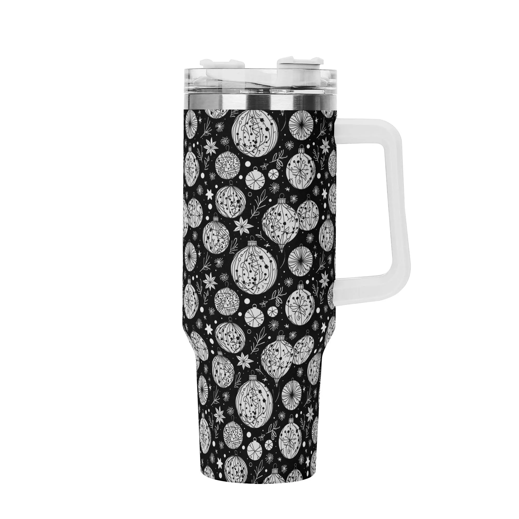 Black and White Ornament 40oz Stainless Steel Tumbler Gift With White Handle and Straw