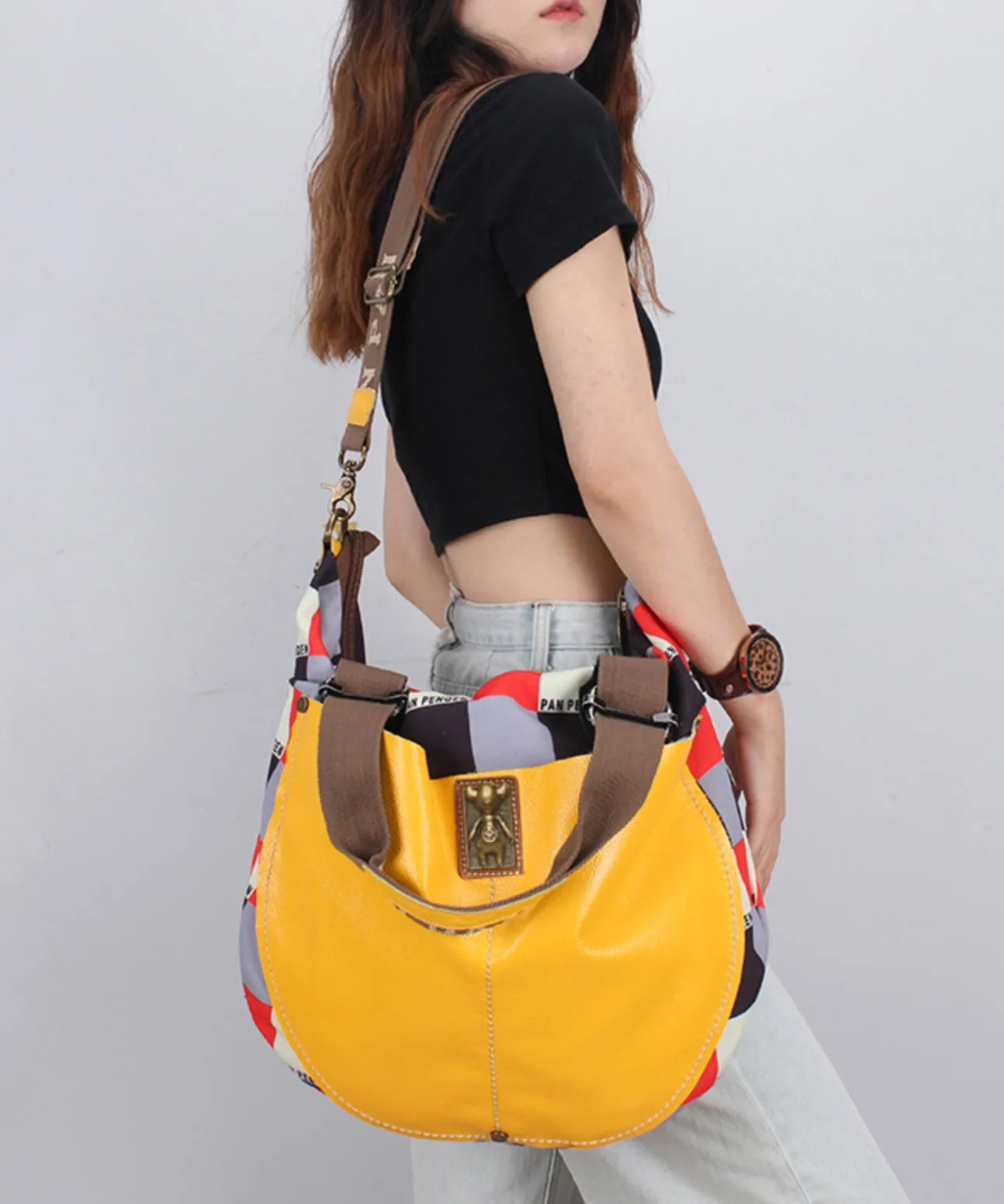 Casual High-Capacity Cowhide Patchwork Canvas Satchel Bag Handbag ZX1037