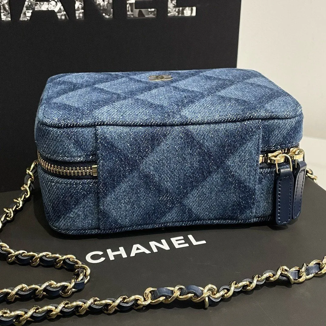 Chanel 22B Blue Denim Vanity Box Bag Microchip Chain Strap