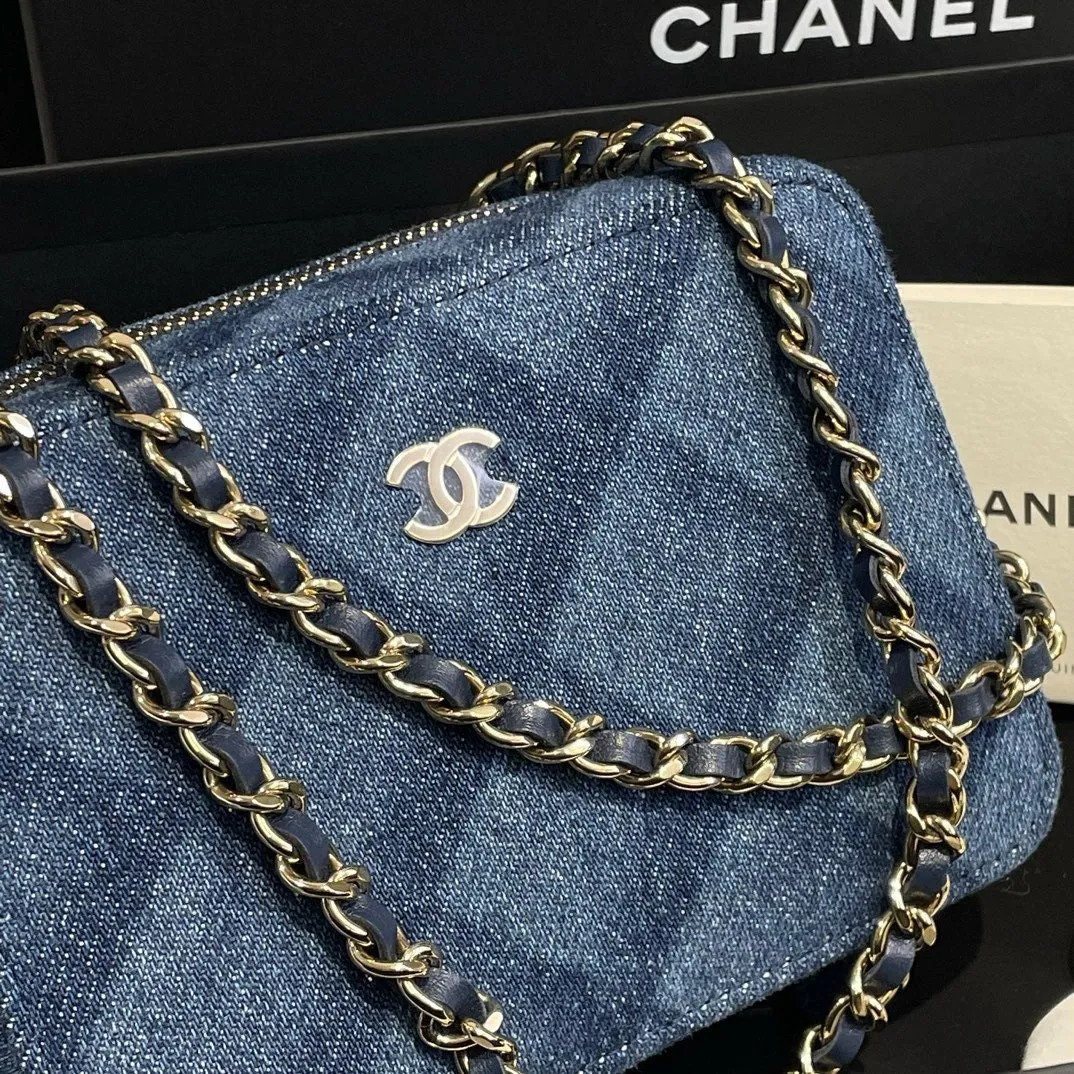 Chanel 22B Blue Denim Vanity Box Bag Microchip Chain Strap