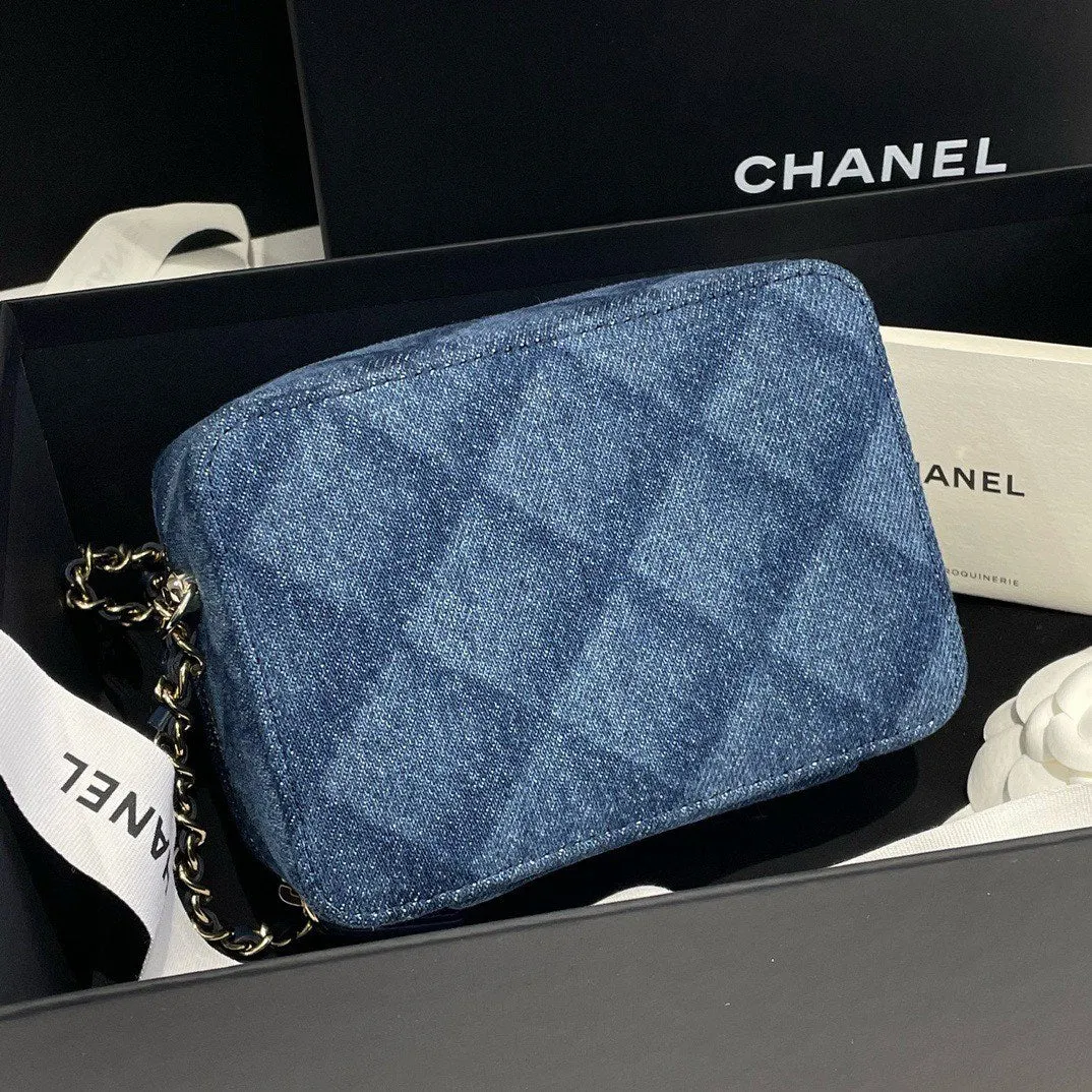 Chanel 22B Blue Denim Vanity Box Bag Microchip Chain Strap