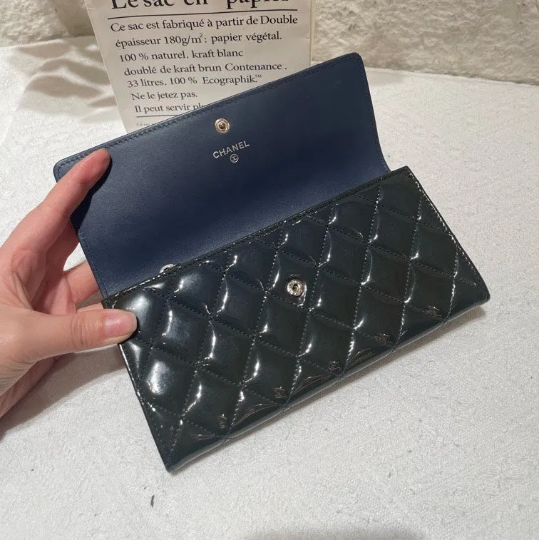 Chanel Black Patent Leather Quilted Wallet Medium