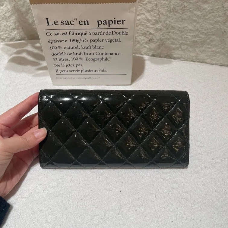 Chanel Black Patent Leather Quilted Wallet Medium