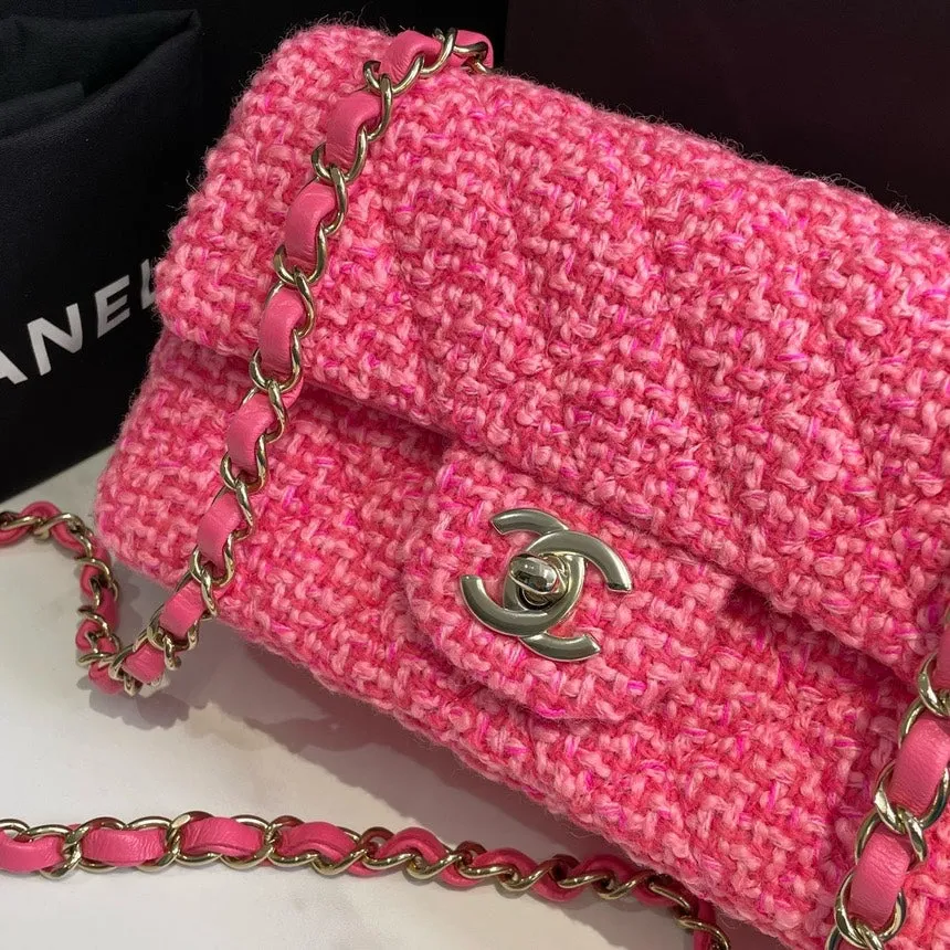 Chanel Pink Tweed 22k Classic Flap Mini Bag