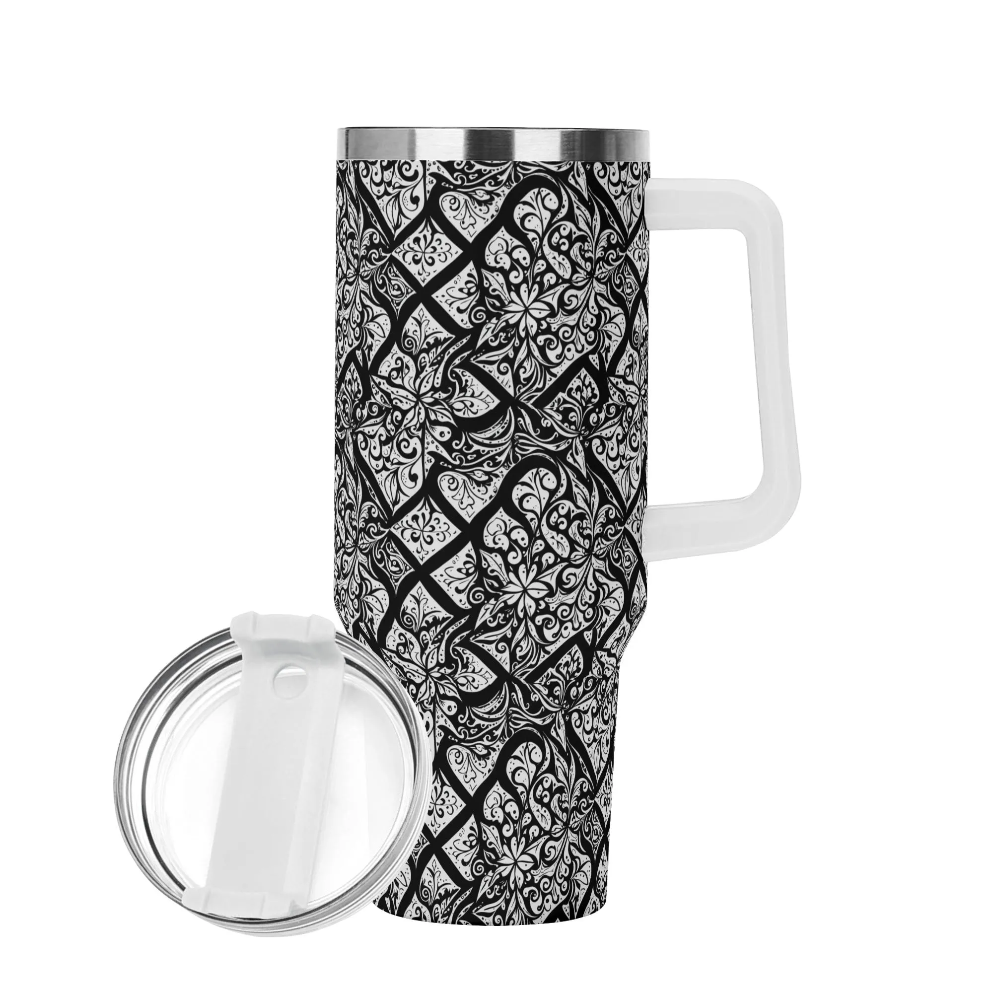 Crosshatch Black Floral 40oz Stainless Steel Tumbler Gift With White Handle and Straw