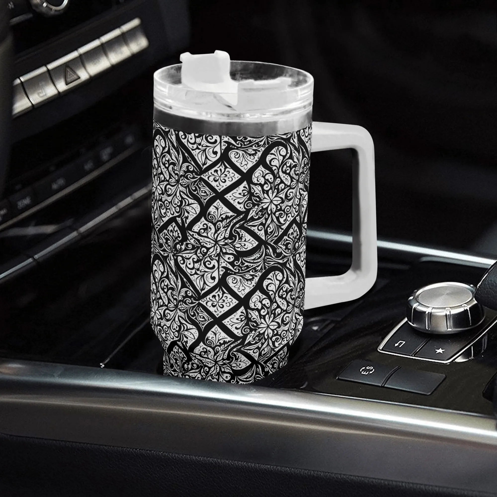 Crosshatch Black Floral 40oz Stainless Steel Tumbler Gift With White Handle and Straw