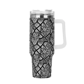 Crosshatch Black Floral 40oz Stainless Steel Tumbler Gift With White Handle and Straw