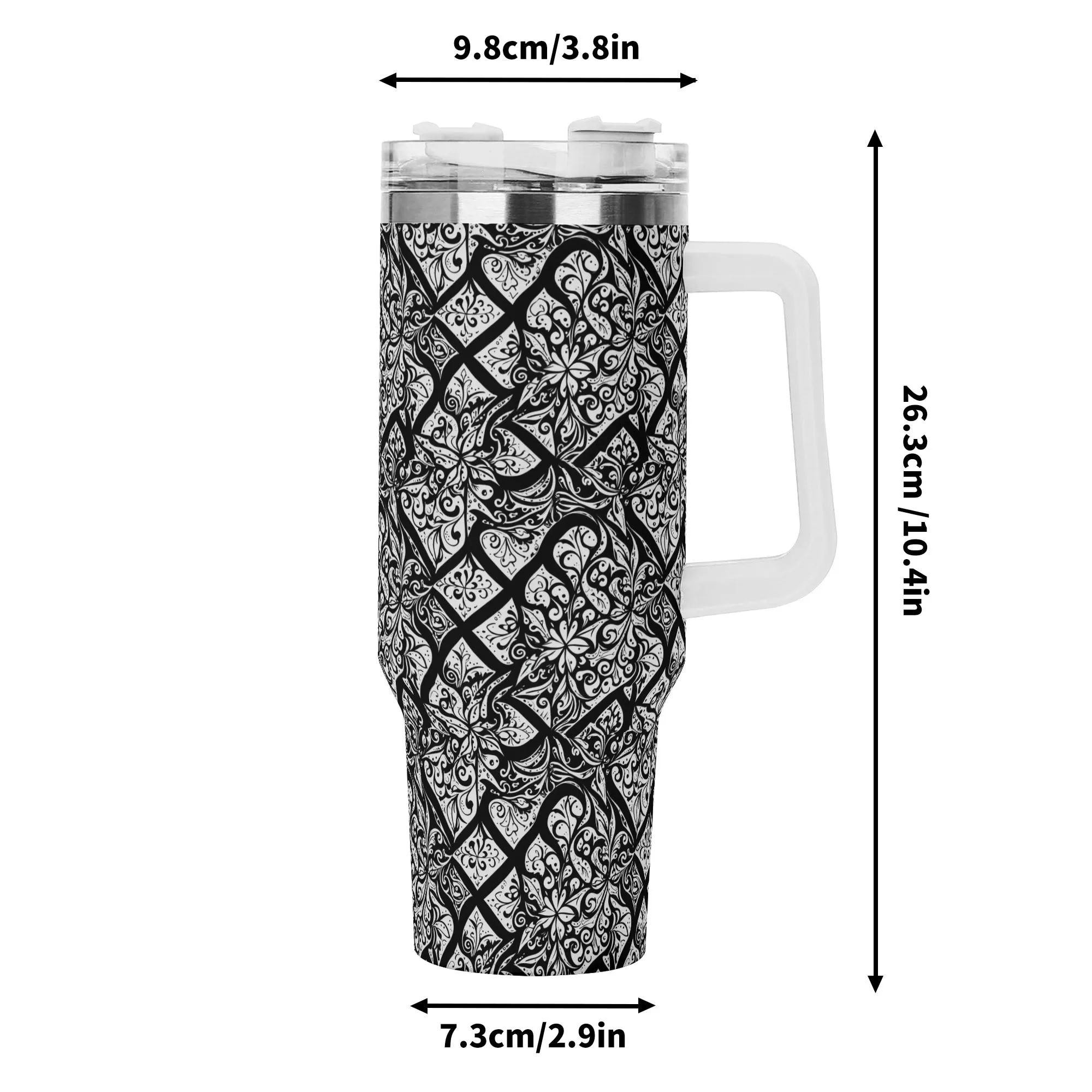 Crosshatch Black Floral 40oz Stainless Steel Tumbler Gift With White Handle and Straw