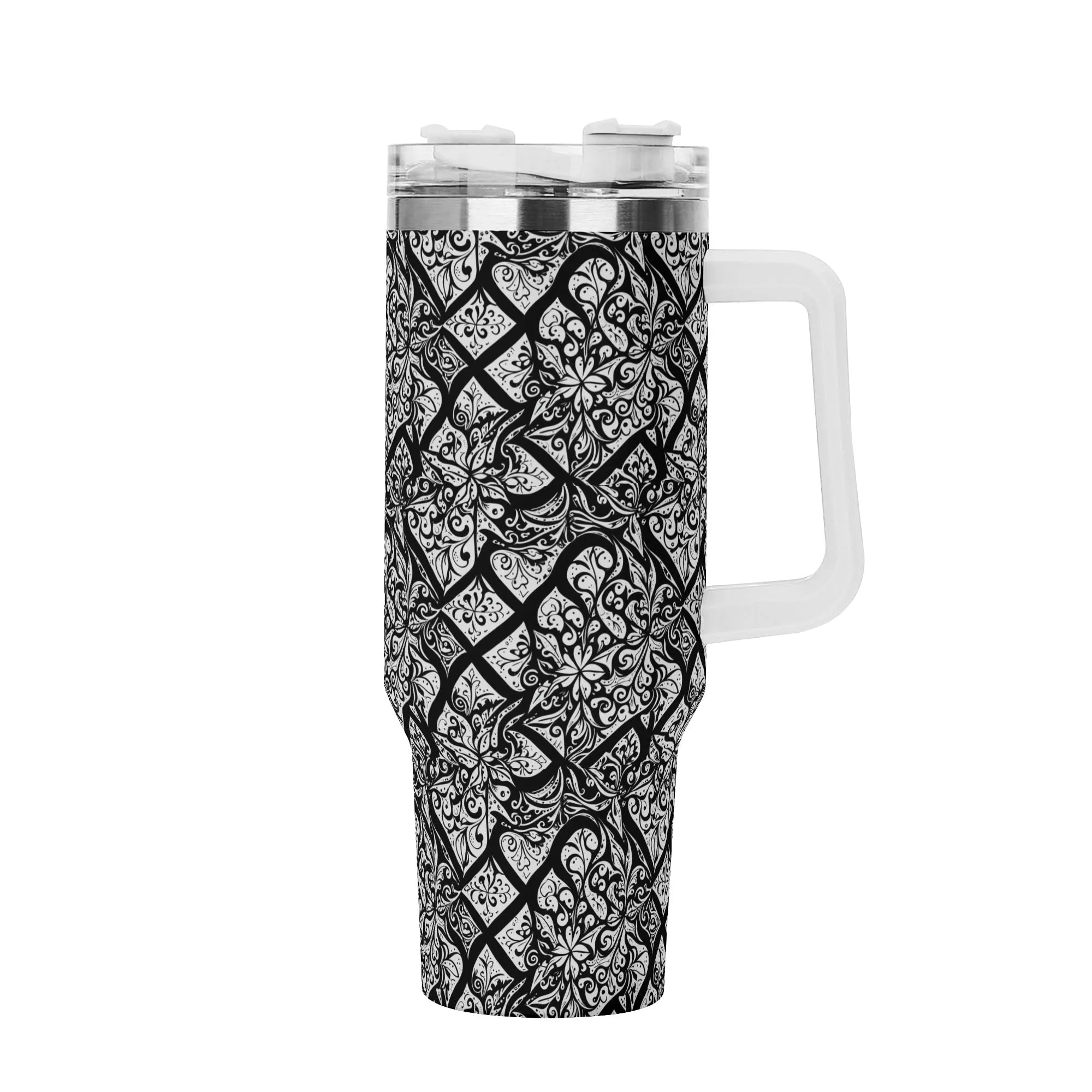 Crosshatch Black Floral 40oz Stainless Steel Tumbler Gift With White Handle and Straw