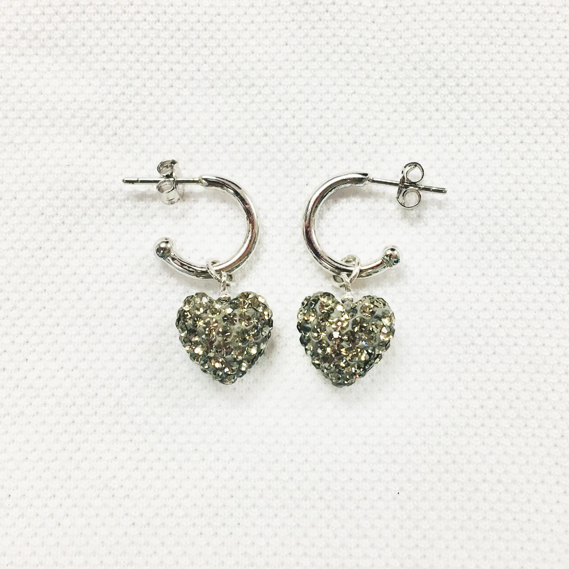 Crystal Pave Heart C-Hoop Dangling Silver Earring