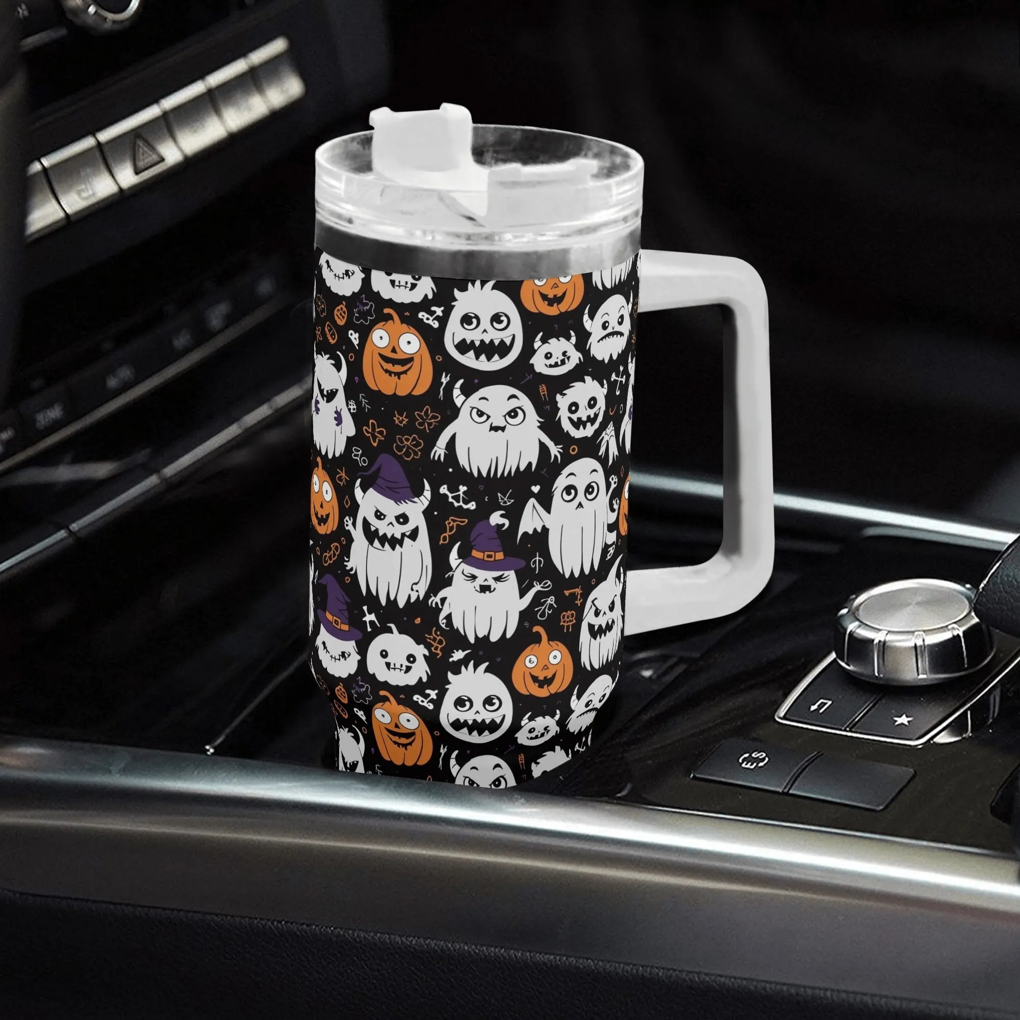 Cute Monster Witches 40oz Stainless Steel Tumbler Gift With White Handle and Straw