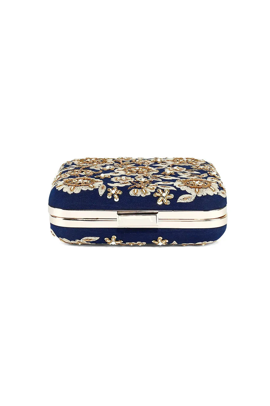 Dark Blue Floral Zardosi Embroidered Box Clutch