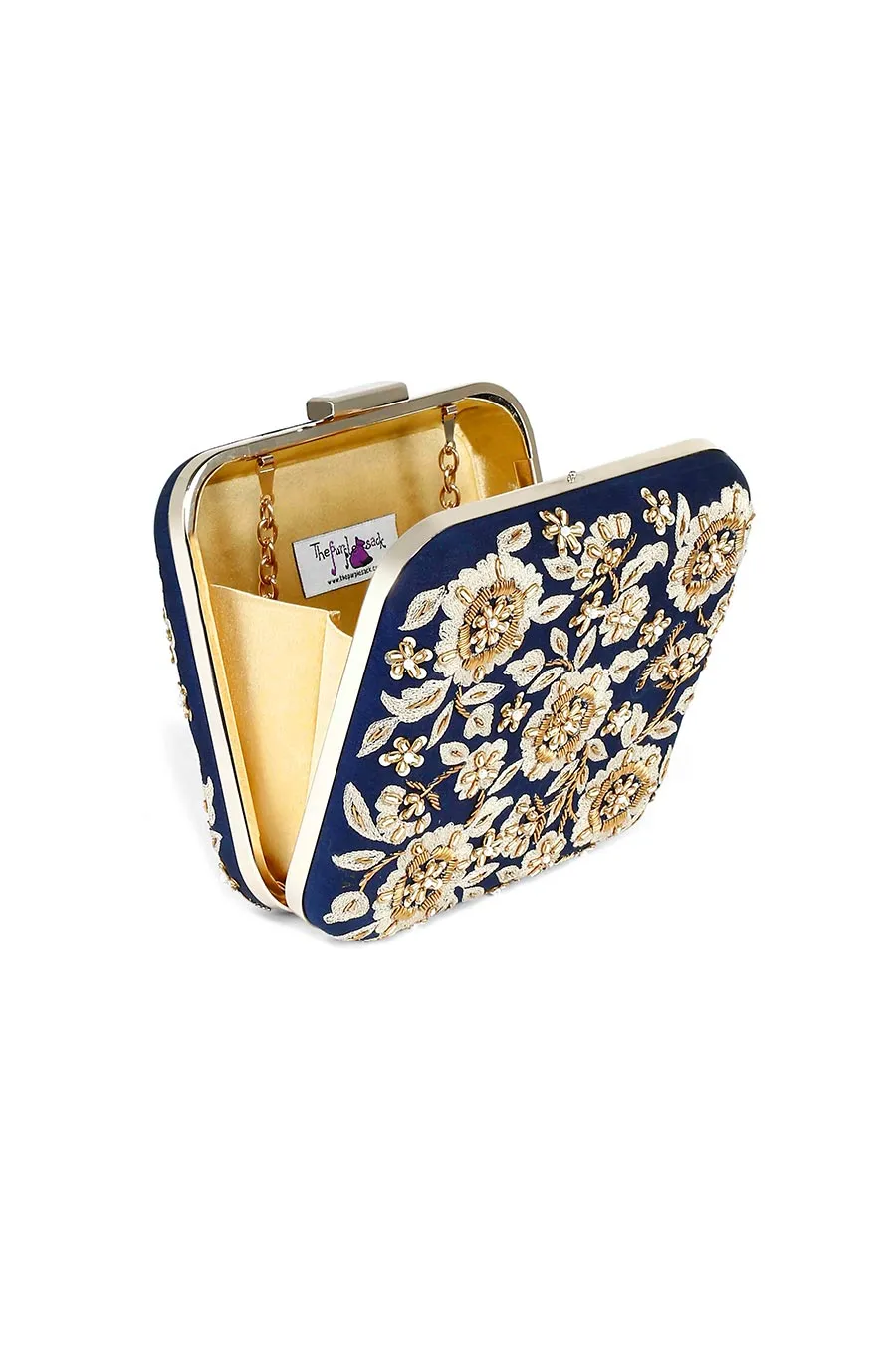 Dark Blue Floral Zardosi Embroidered Box Clutch