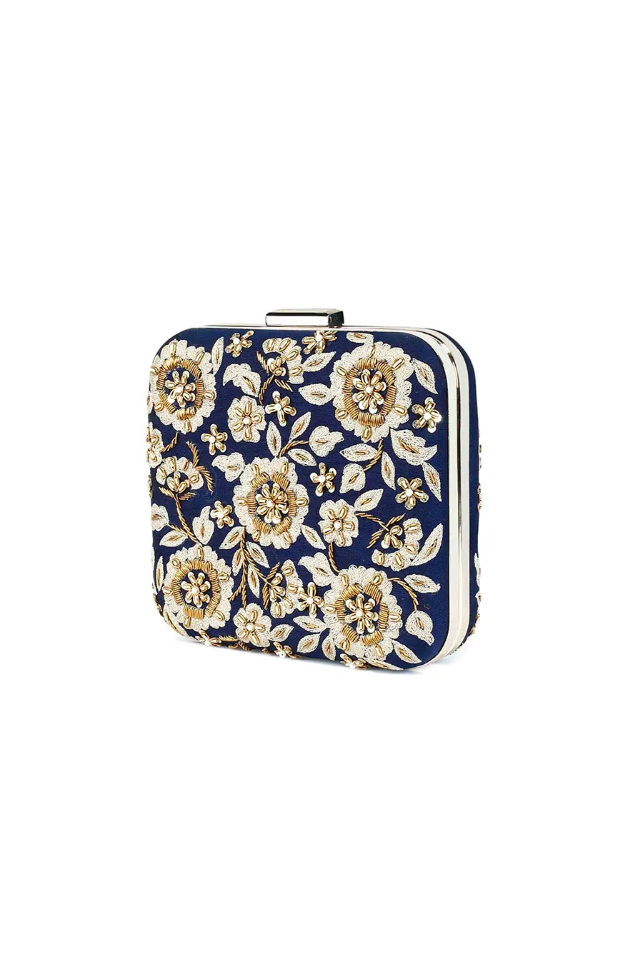 Dark Blue Floral Zardosi Embroidered Box Clutch