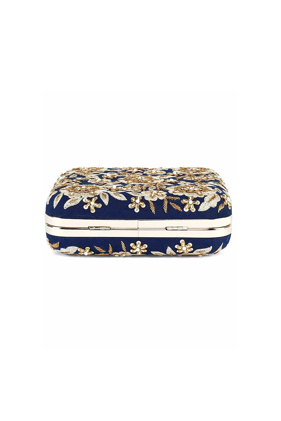 Dark Blue Floral Zardosi Embroidered Box Clutch