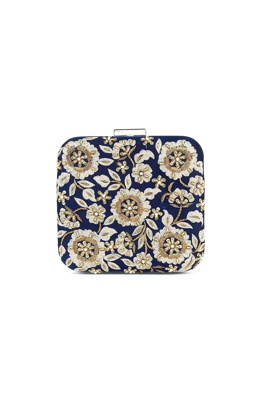 Dark Blue Floral Zardosi Embroidered Box Clutch