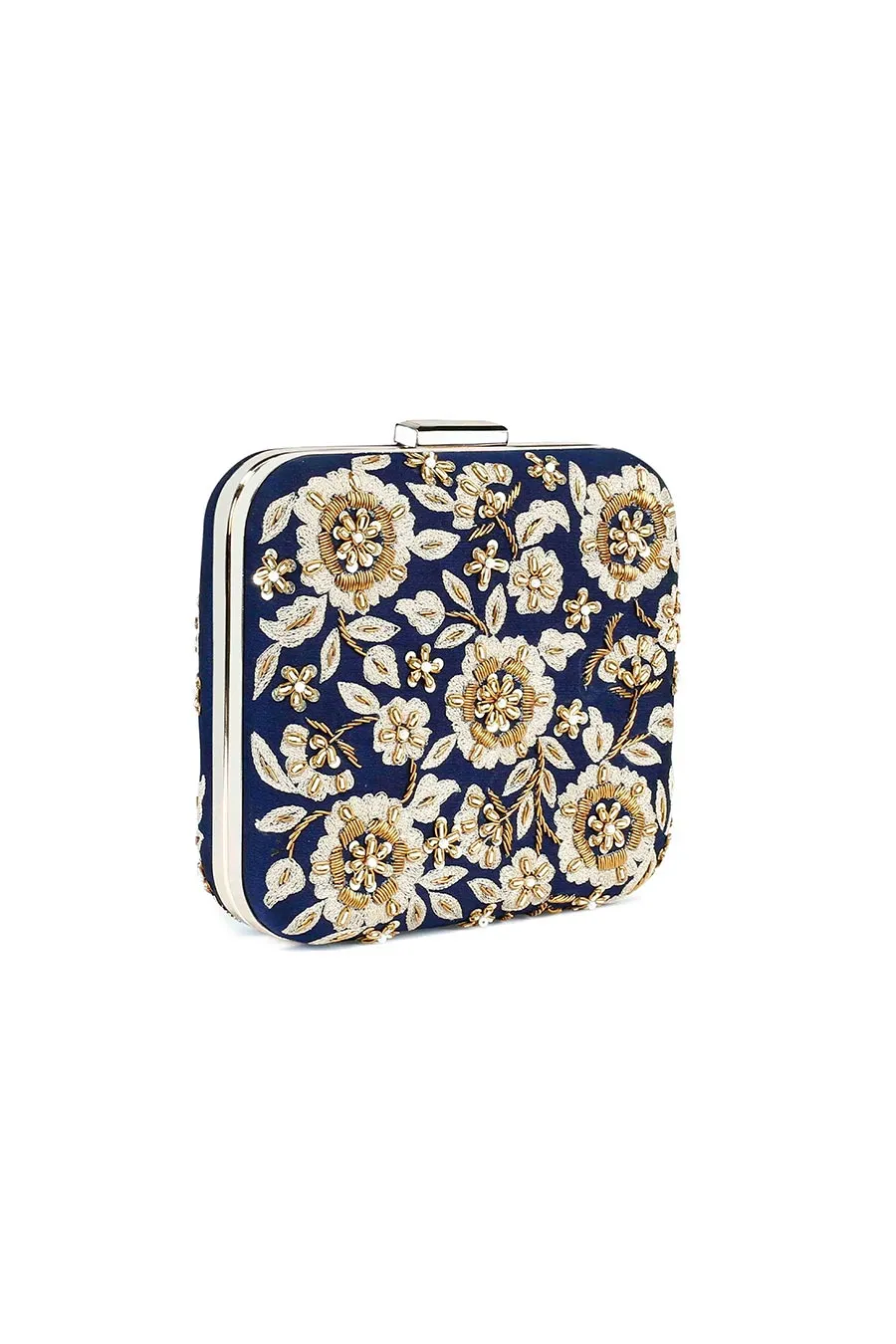 Dark Blue Floral Zardosi Embroidered Box Clutch