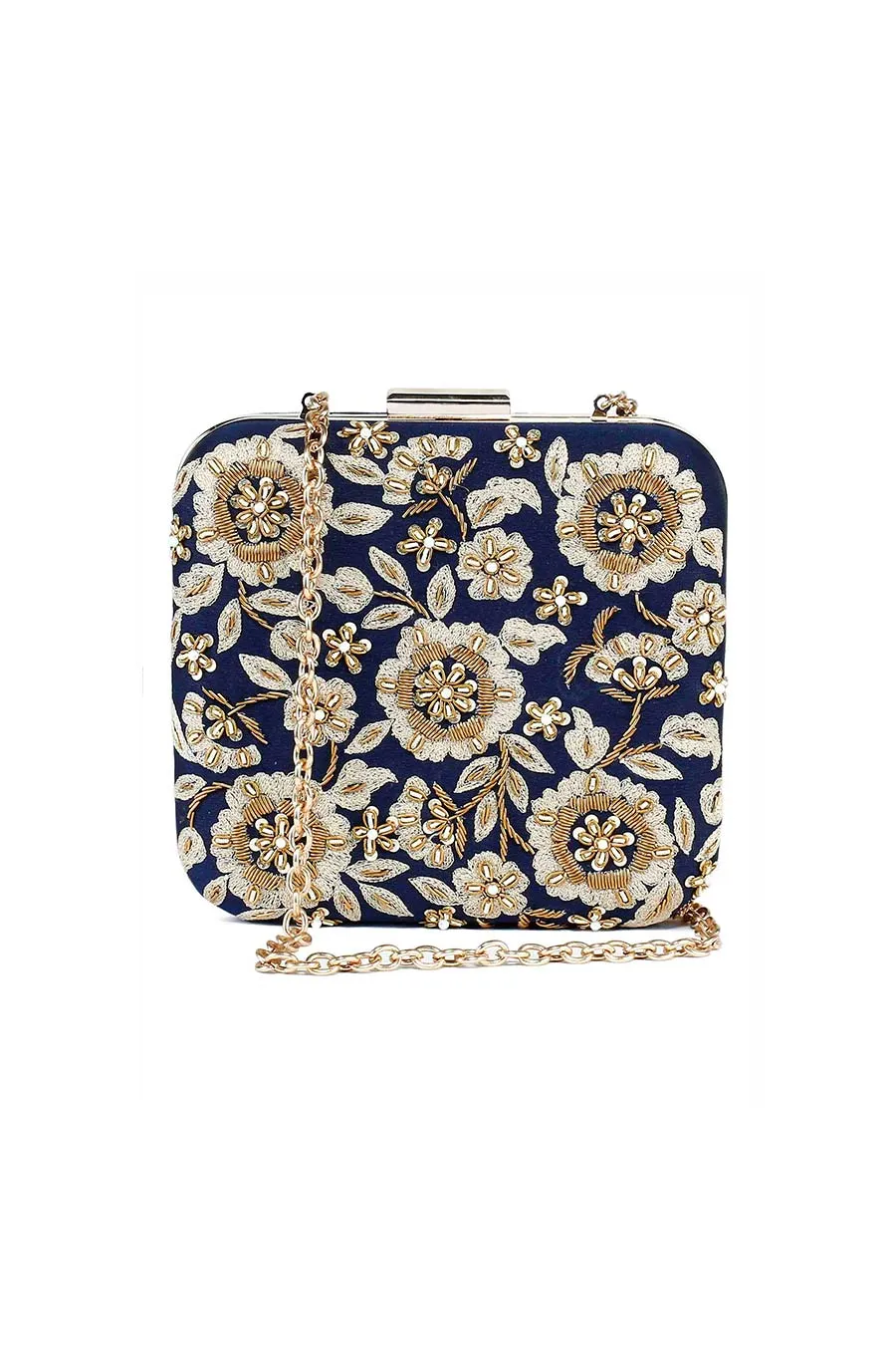 Dark Blue Floral Zardosi Embroidered Box Clutch