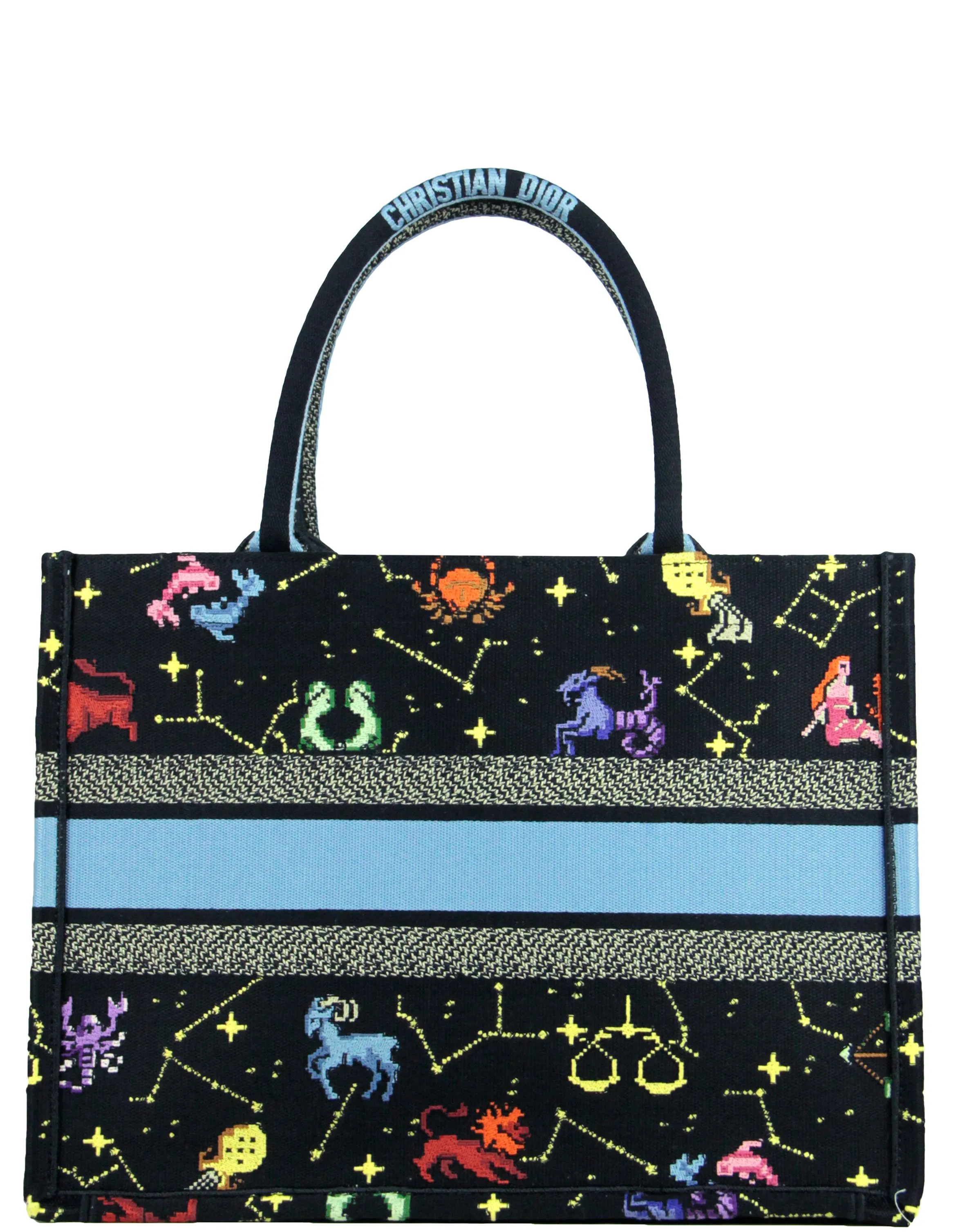 Dior 2022 Black Multicolor Dior Pixel Zodiac Embroidery Small Book Tote Bag