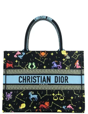 Dior 2022 Black Multicolor Dior Pixel Zodiac Embroidery Small Book Tote Bag