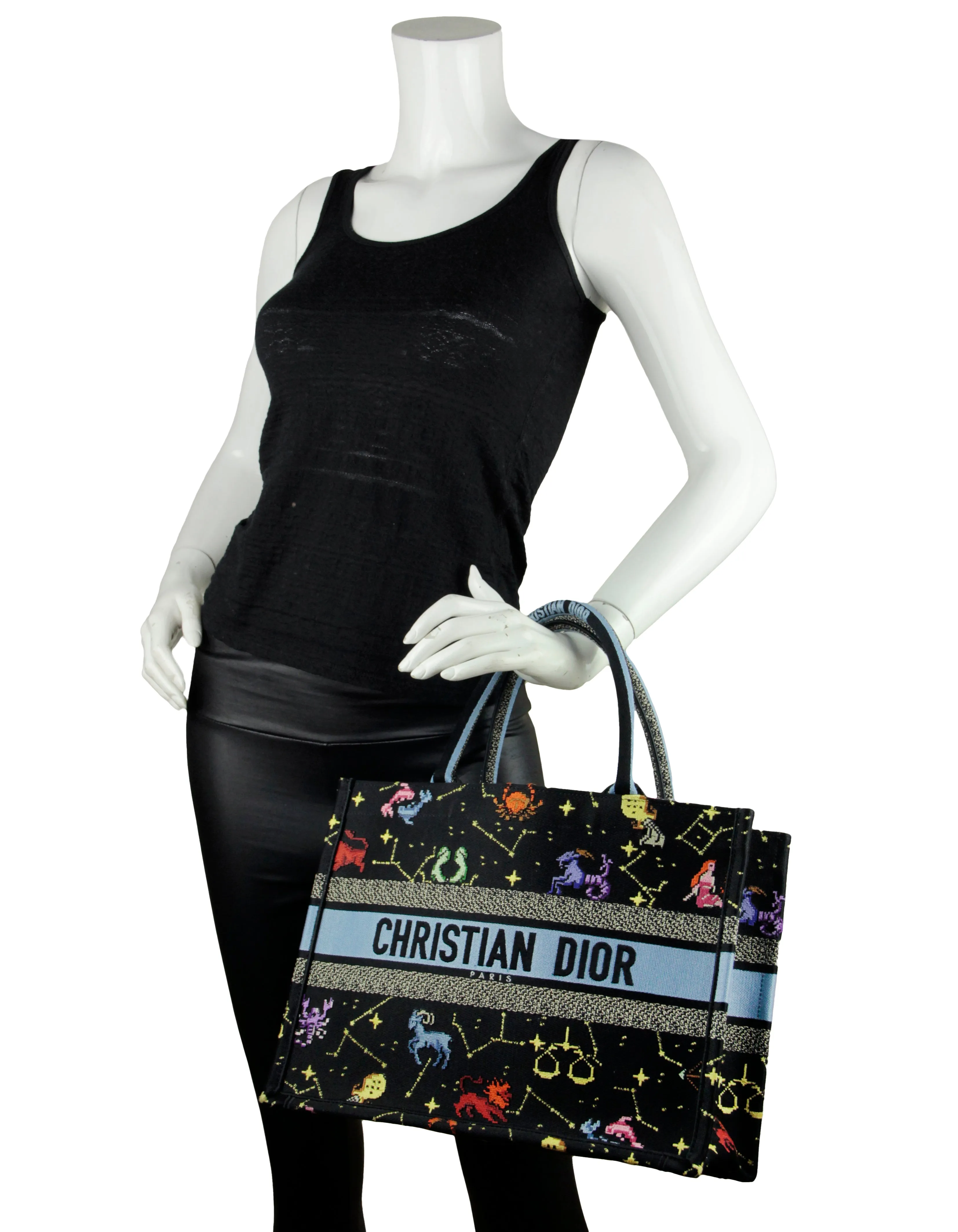 Dior 2022 Black Multicolor Dior Pixel Zodiac Embroidery Small Book Tote Bag