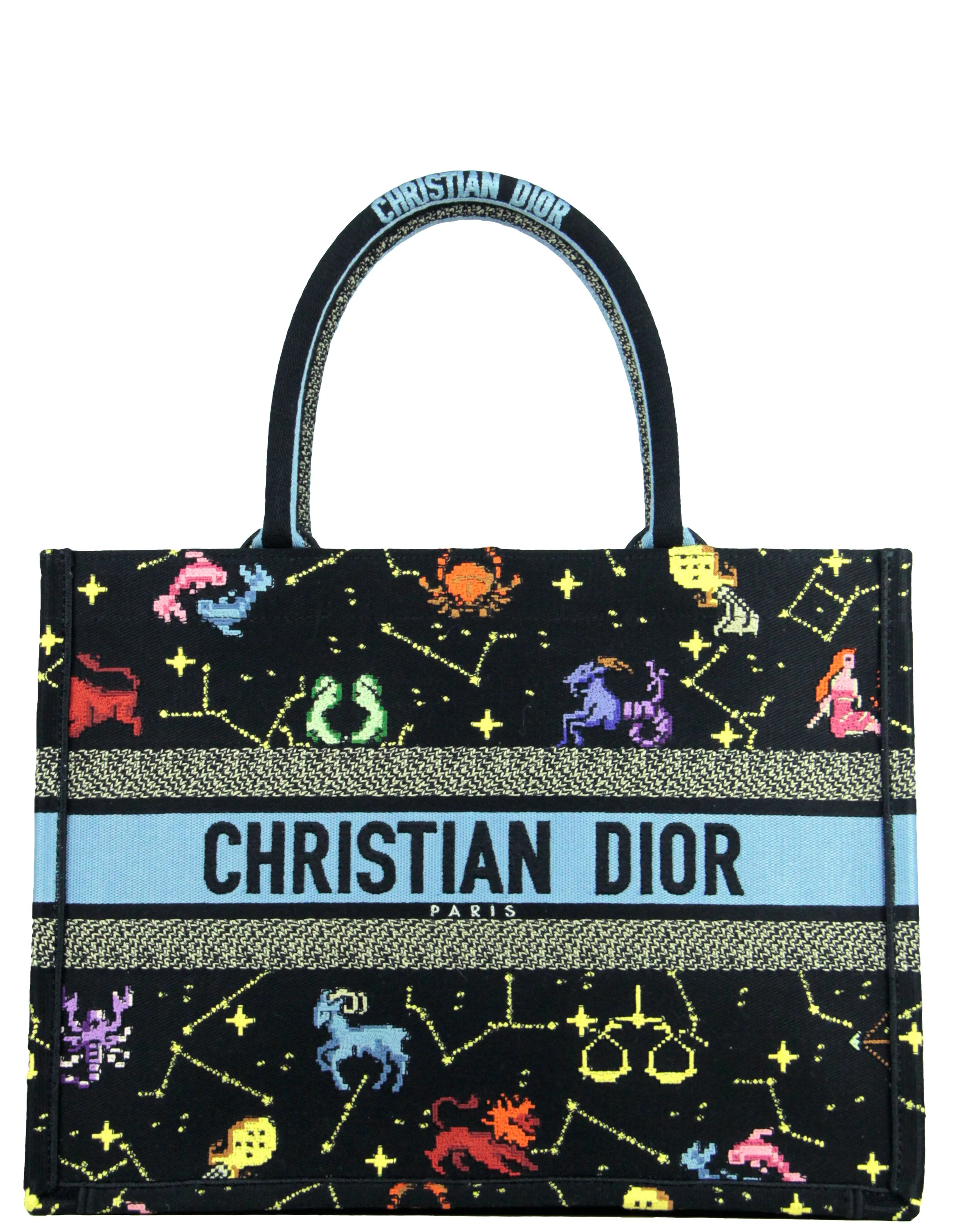 Dior 2022 Black Multicolor Dior Pixel Zodiac Embroidery Small Book Tote Bag