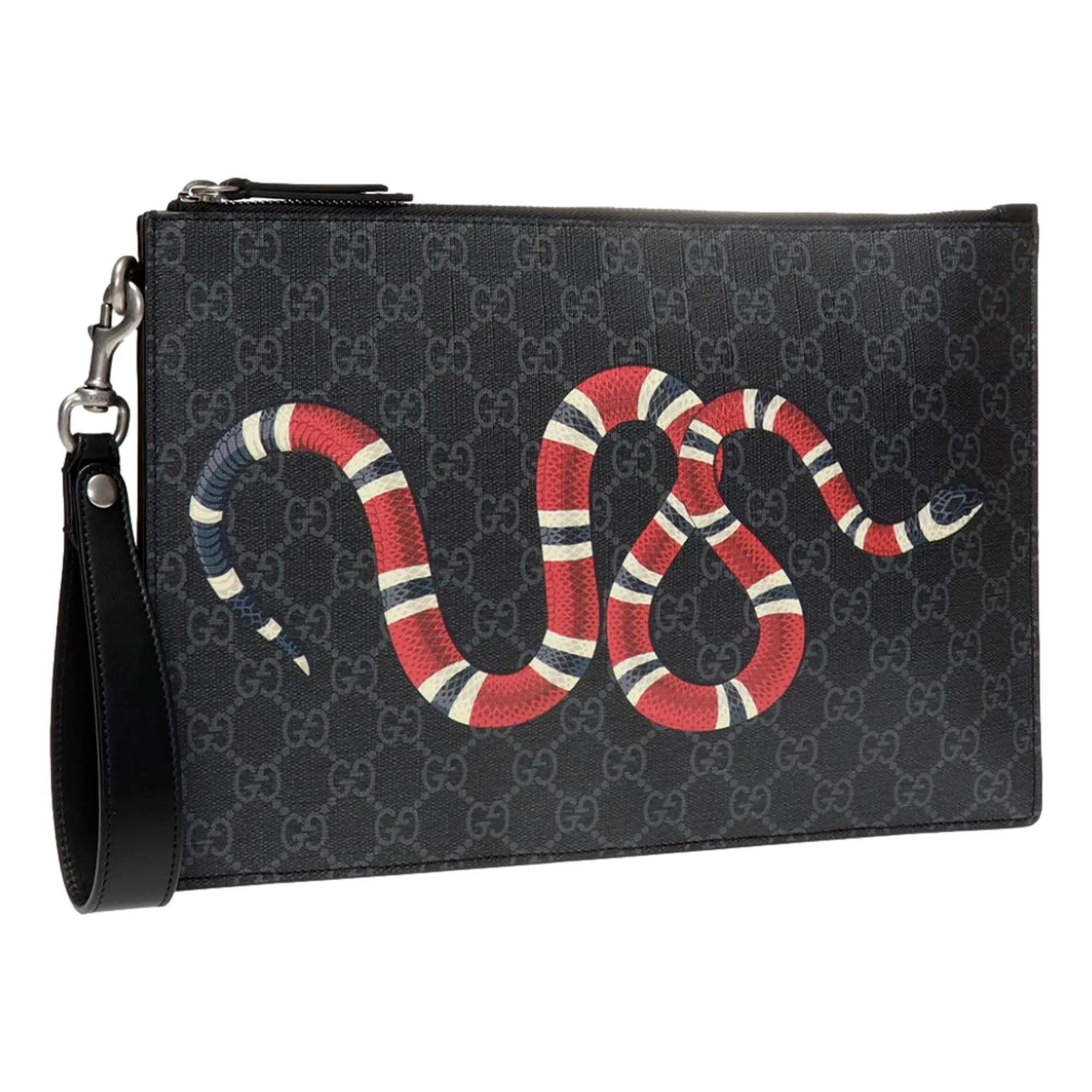 Gucci Bestiary Kingsnake Black GG Supreme Canvas Wristlet Clutch