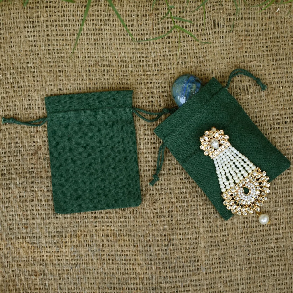 Handmade Cotton Jewelry Green Pouches, Small Gift Packaging Bags - CraftJaipur