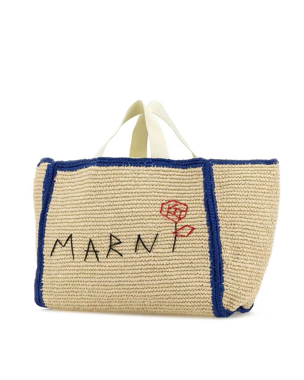 Large Sillo Interwoven Raffia Tote in Cream White and Blue