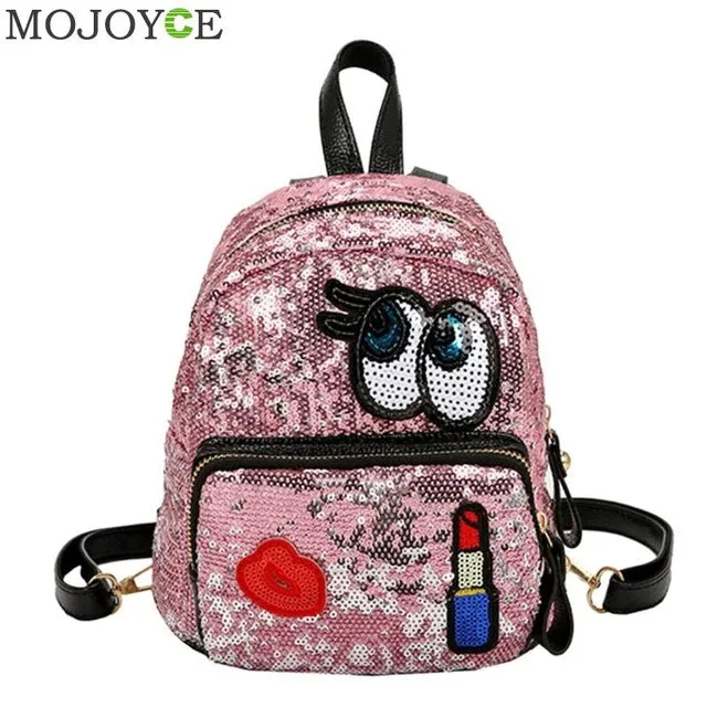 Leather Bling Glitter Sequins Embroidery Cute Cartoon Women's Badge Backpack