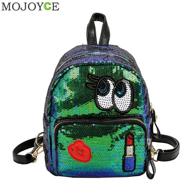 Leather Bling Glitter Sequins Embroidery Cute Cartoon Women's Badge Backpack