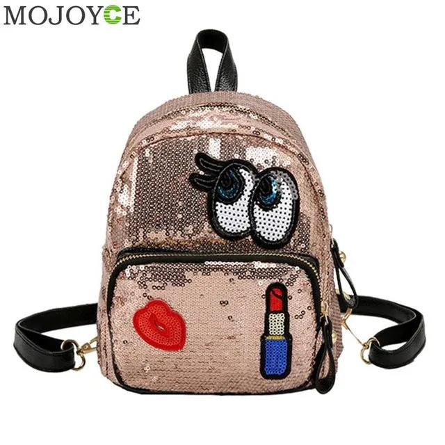 Leather Bling Glitter Sequins Embroidery Cute Cartoon Women's Badge Backpack