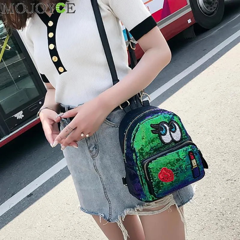 Leather Bling Glitter Sequins Embroidery Cute Cartoon Women's Badge Backpack