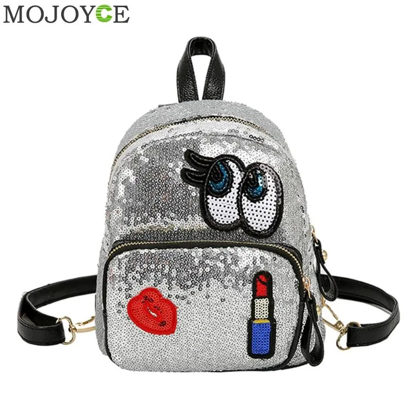 Leather Bling Glitter Sequins Embroidery Cute Cartoon Women's Badge Backpack