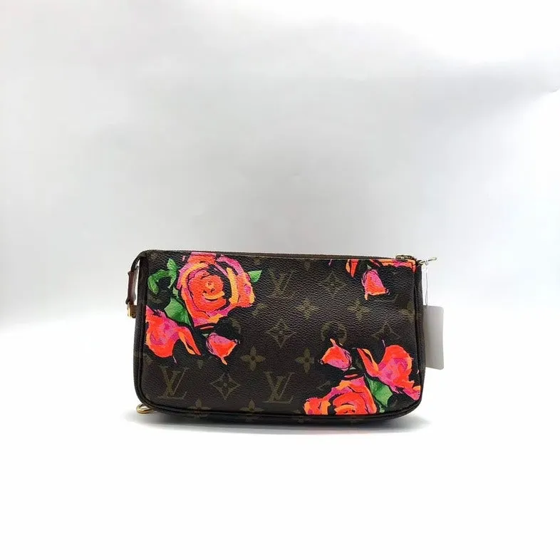 Louis Vuitton Monogram Roses Coated Canvas Wristlet Bag Brown Pink