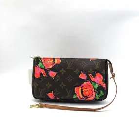 Louis Vuitton Monogram Roses Coated Canvas Wristlet Bag Brown Pink