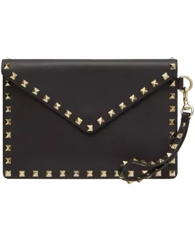 Medium Rockstud Leather Pouch with Strap in Nero