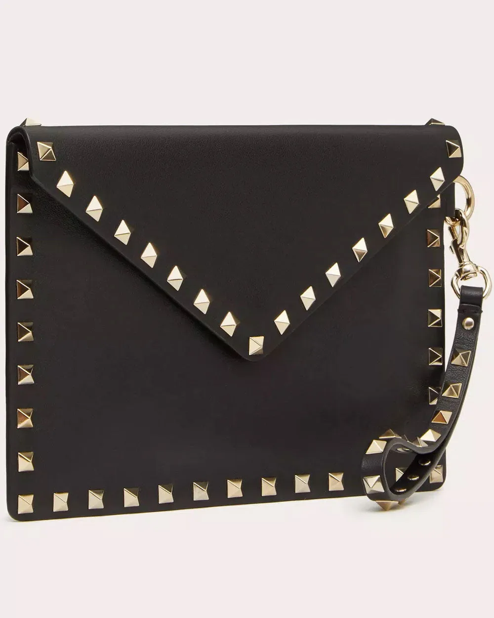 Medium Rockstud Leather Pouch with Strap in Nero