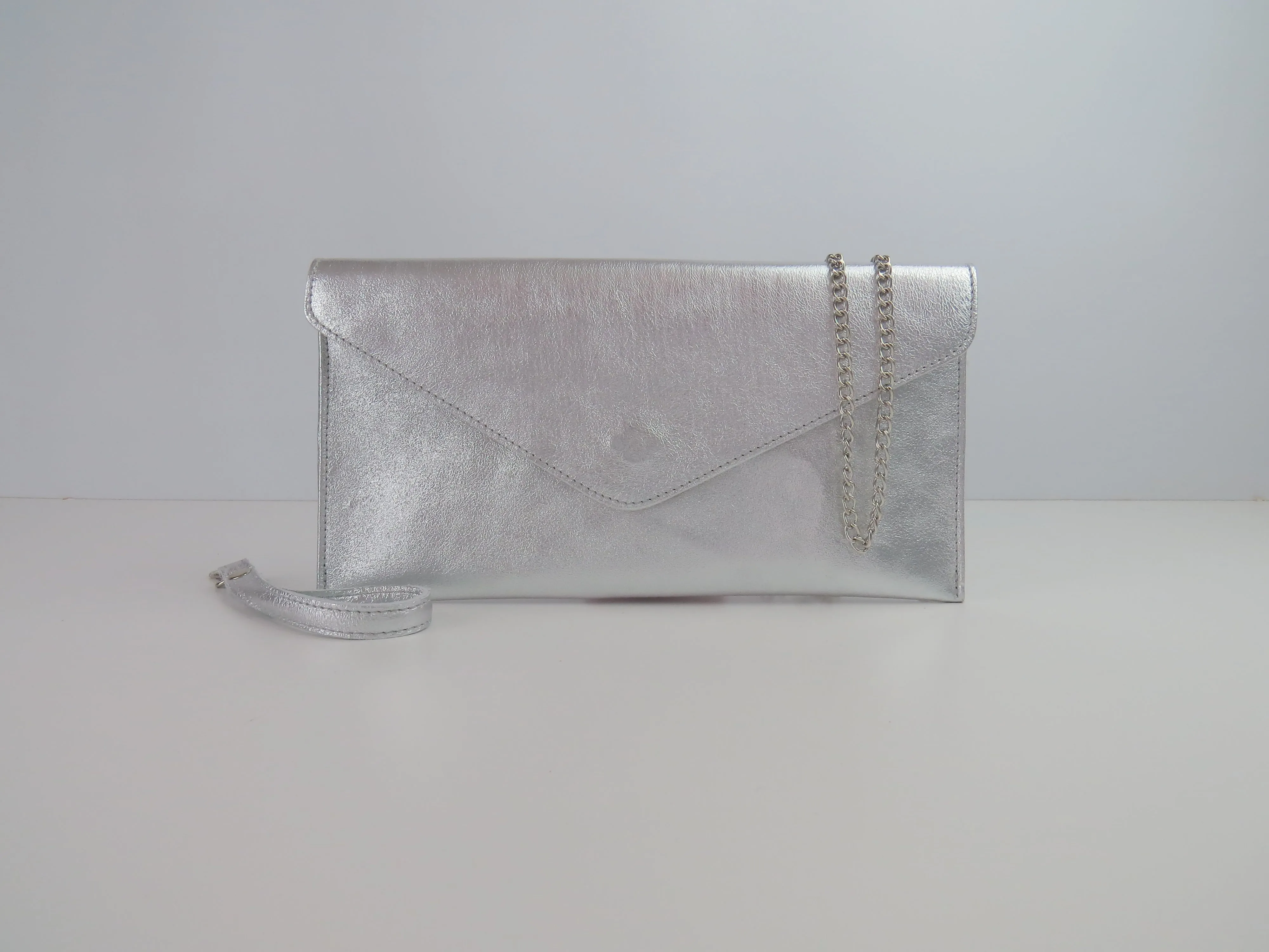 Metallic Silver Leather Envelope Clutch Bag