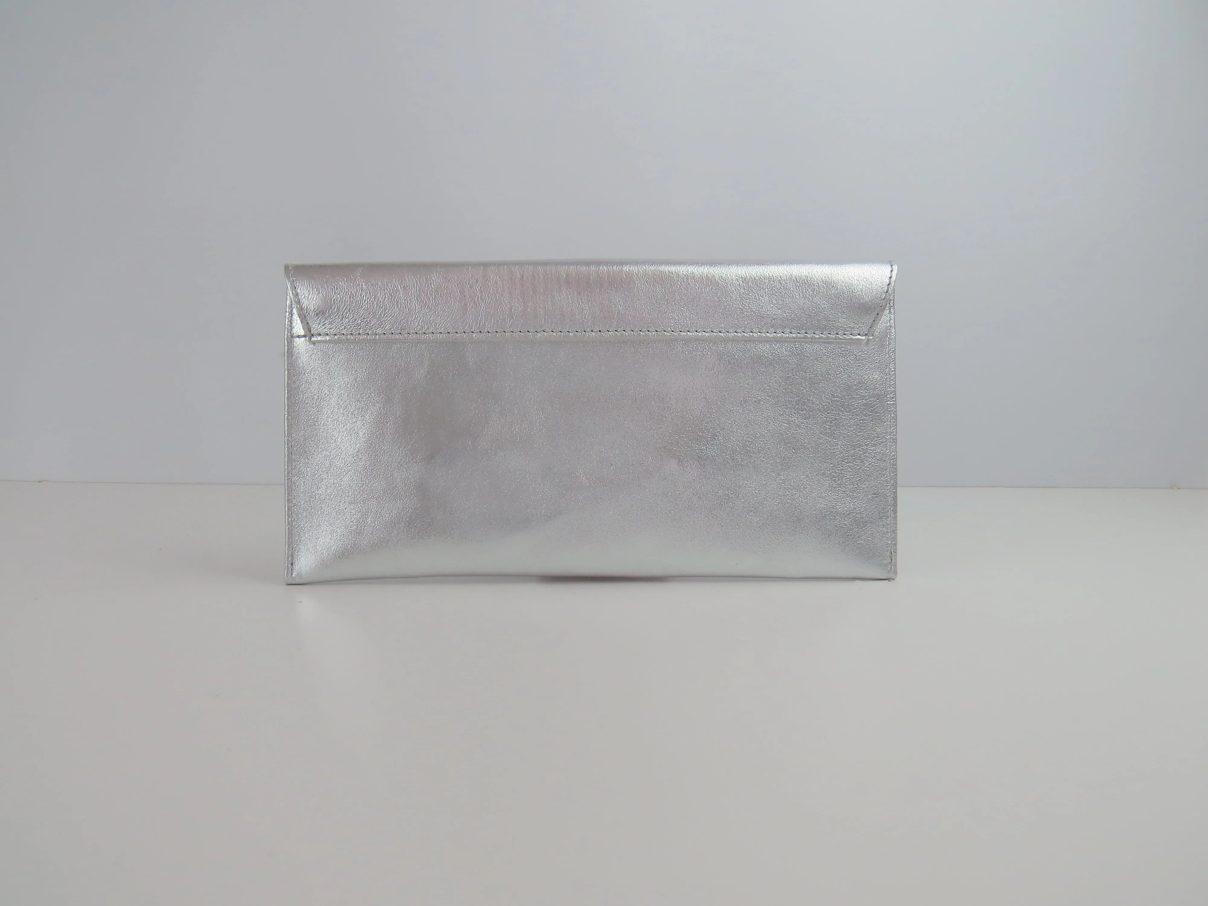 Metallic Silver Leather Envelope Clutch Bag